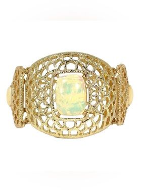 Large wide gold link bracelet with white faux opal beads on a lattice design New
